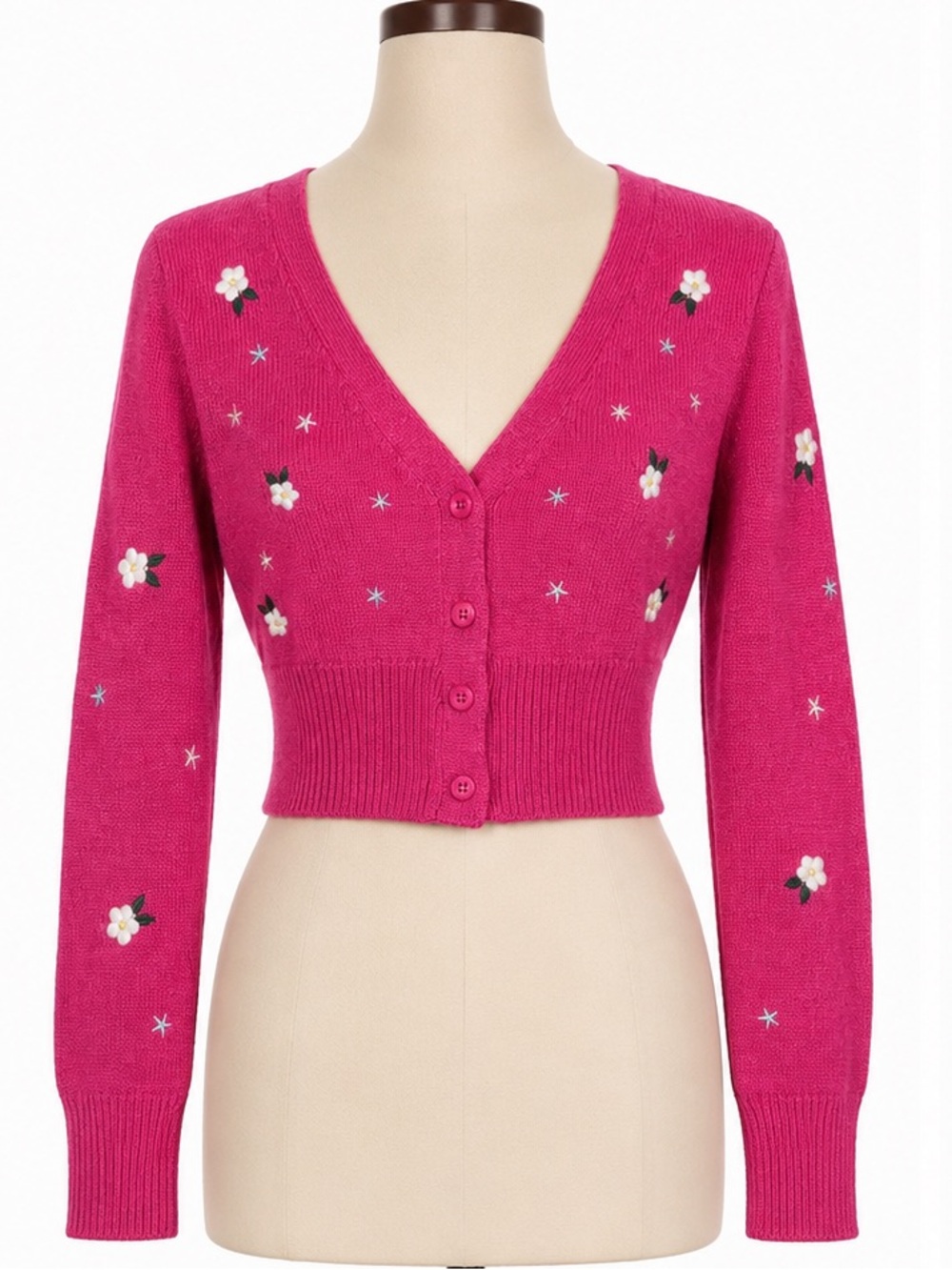 Zara Hot Pink Floral Embroidered V-Neck Cropped Cardigan